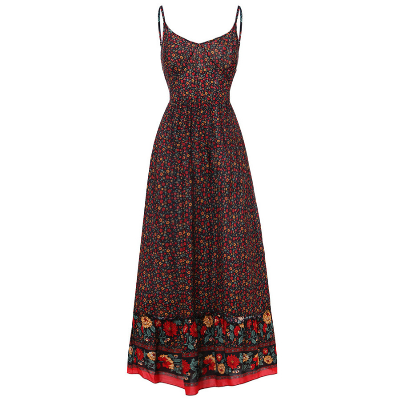 Spaghetti Strap V-Neck Ditsy Floral Border Print Tiered Maxi Dress - View 2