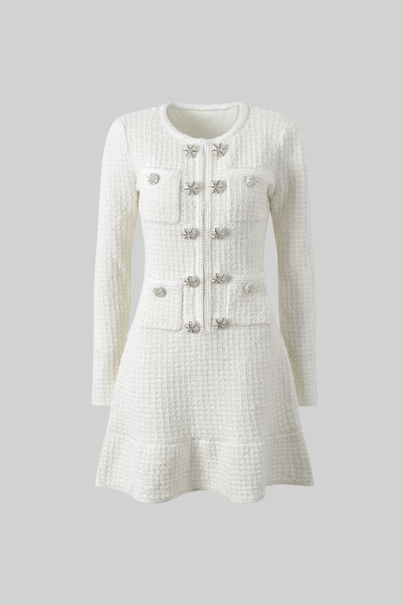 Waffle Knit Round Neck Crystal Floral Button Patch Pocket Ruffle Hem Mini Dress - View 2