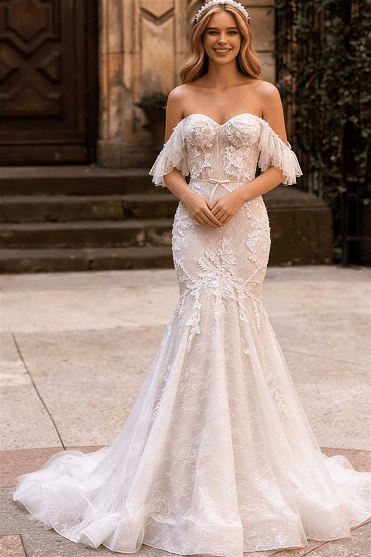 Lace Sweetheart Off Shoulder Ruffle Sleeve Mermaid Train Wedding Gown - View 2