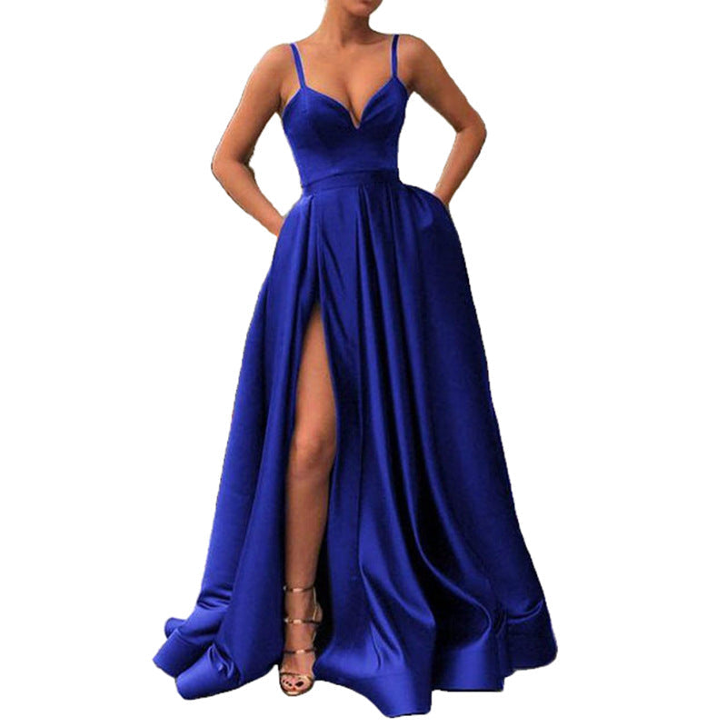 Satin Plunging V-Neck Spaghetti Strap Pleated Pocket Maxi Gown - View 5