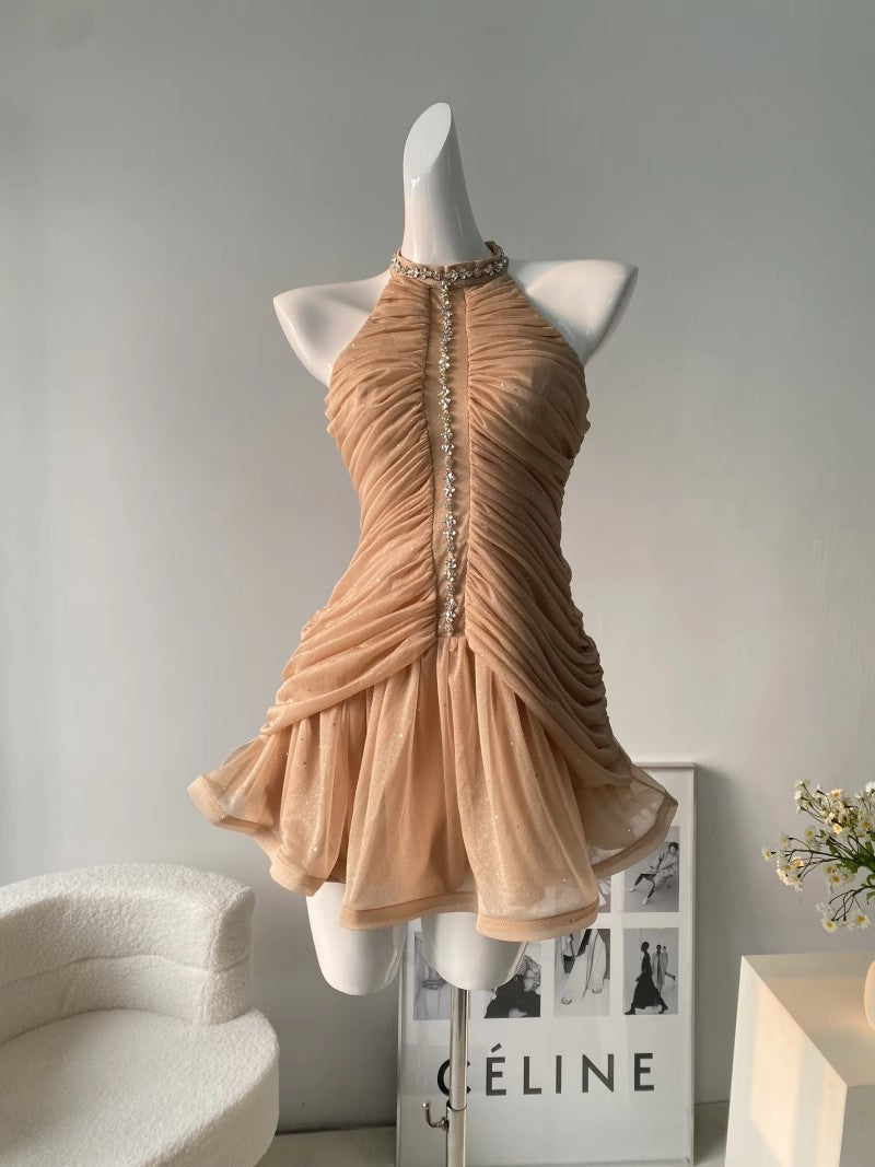 Rhinestone Halter Neck Ruched Tulle Fit and Flare Mini Dress - View 2