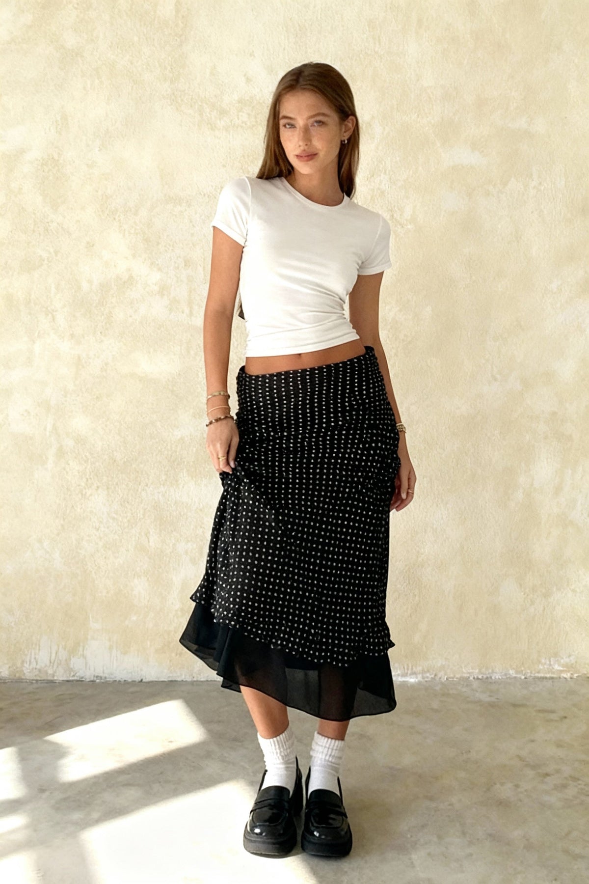 Polka Dot A-Line Mesh Midi Skirt