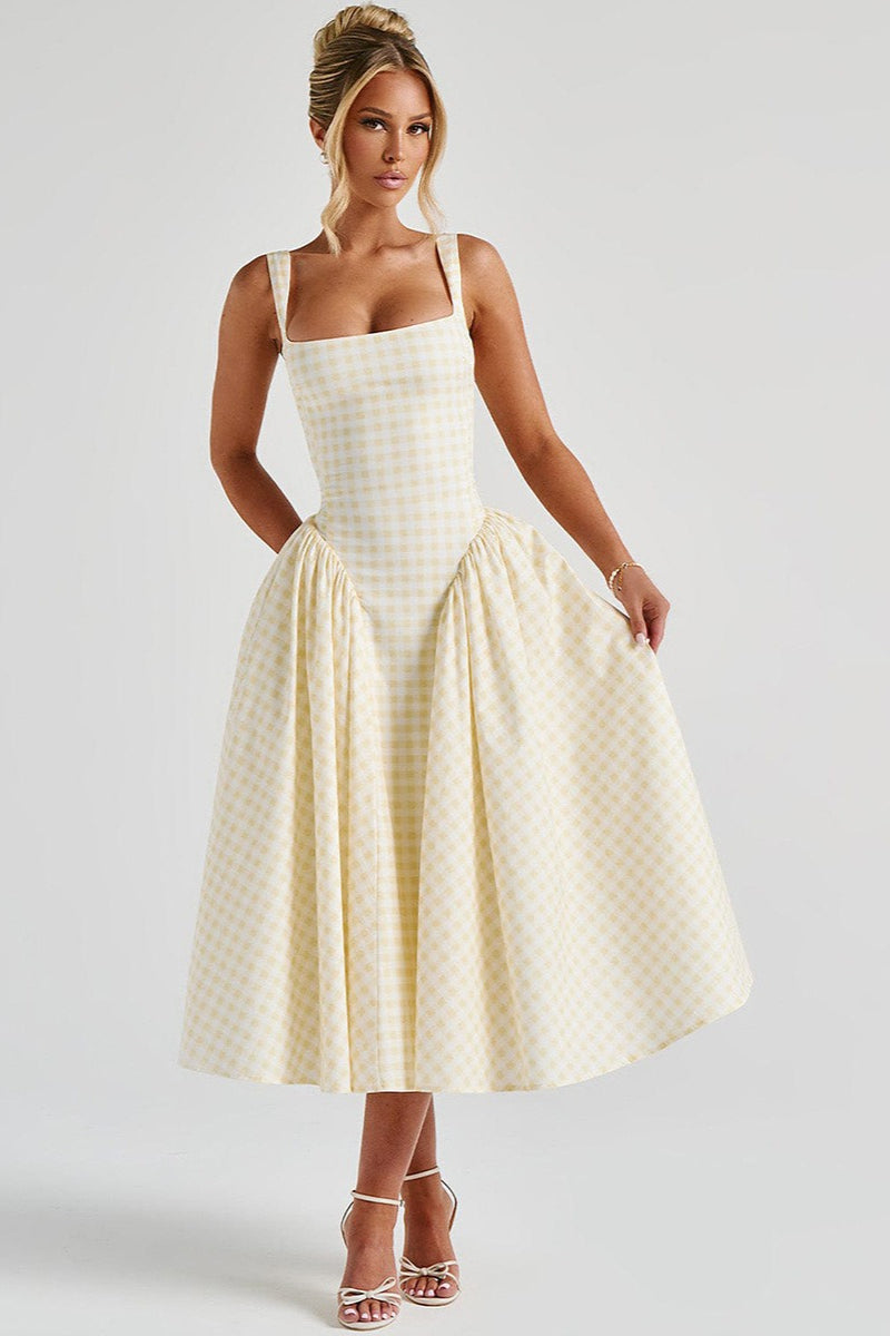 Plaid Square Neck Sleeveless Fit and Flare Midi Dress - View 5
