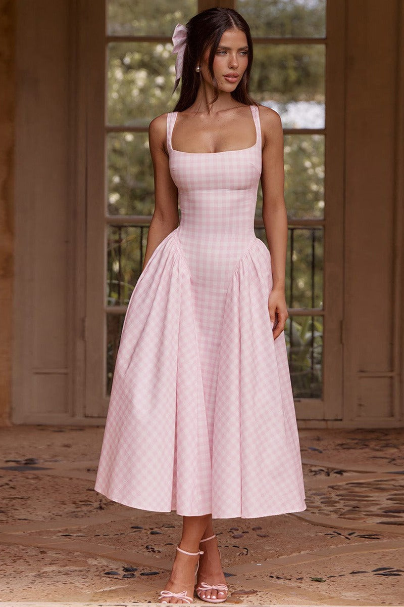 Plaid Square Neck Sleeveless Fit and Flare Midi Dress - View 2