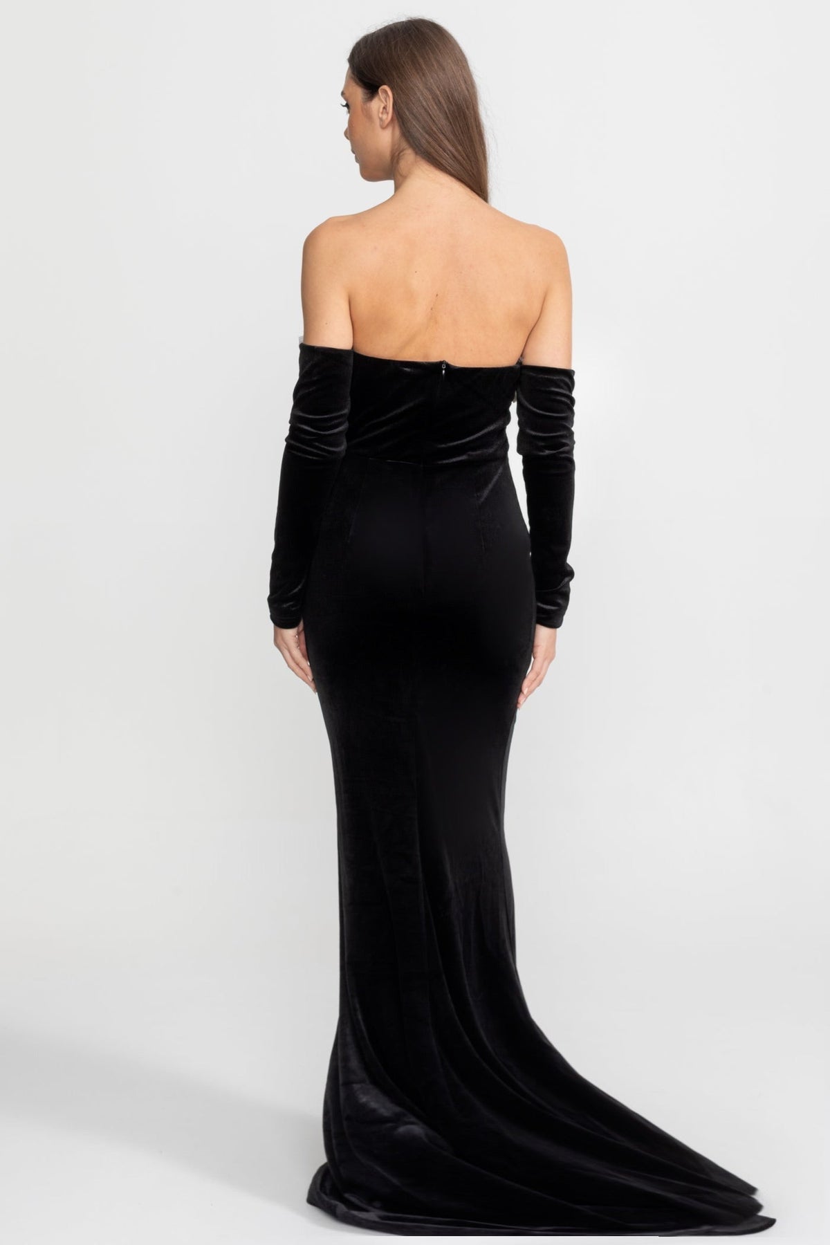 Velvet Strapless Maxi Dress with Floral Bow Appliqué – Black - View 4