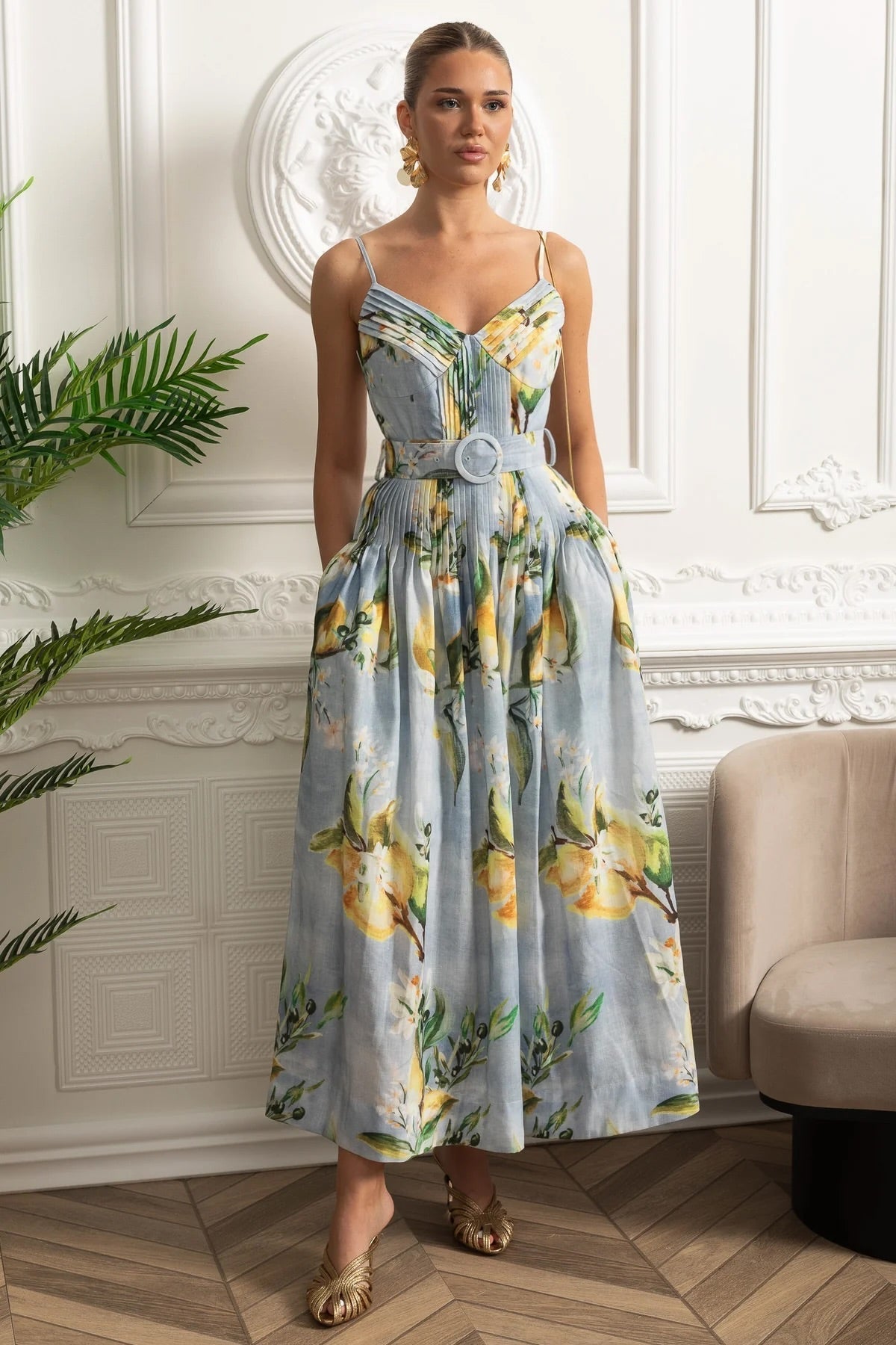 Lemon Print V-Neck Spaghetti Strap Pintuck Belted Pocket Midi Dress