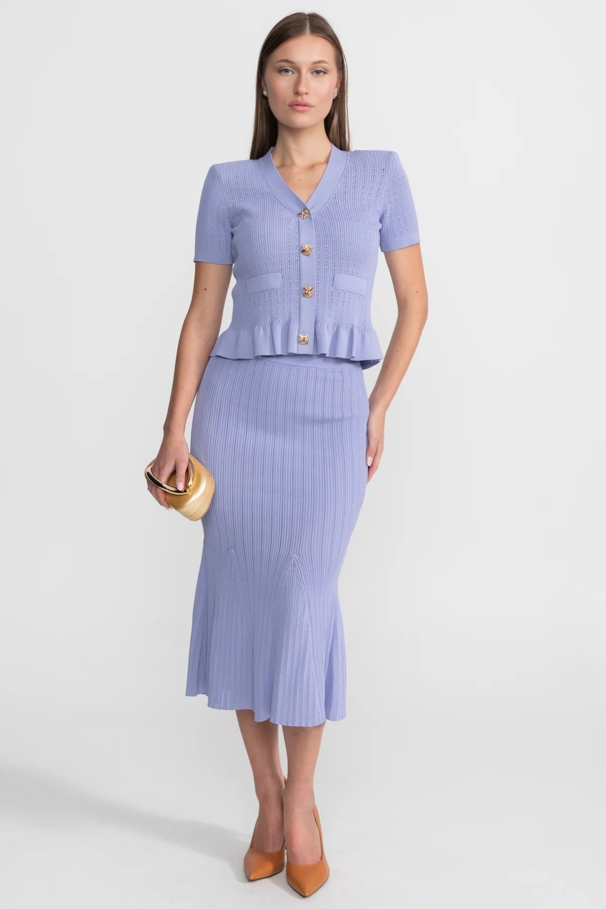 Knit Midi Co-Ord with Peplum Waist and Gold Buttons  – Lilac