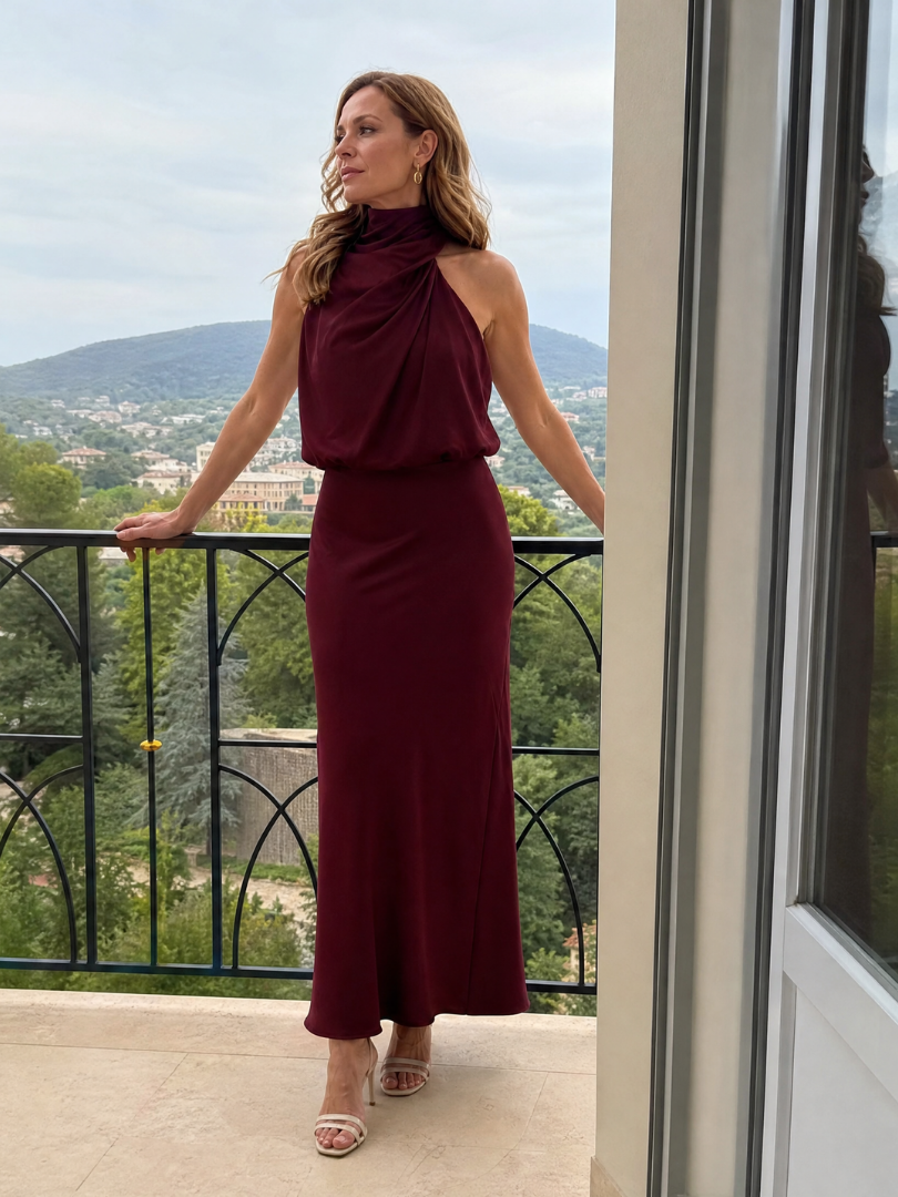 Halter Neck Draped Satin Maxi Gown 11