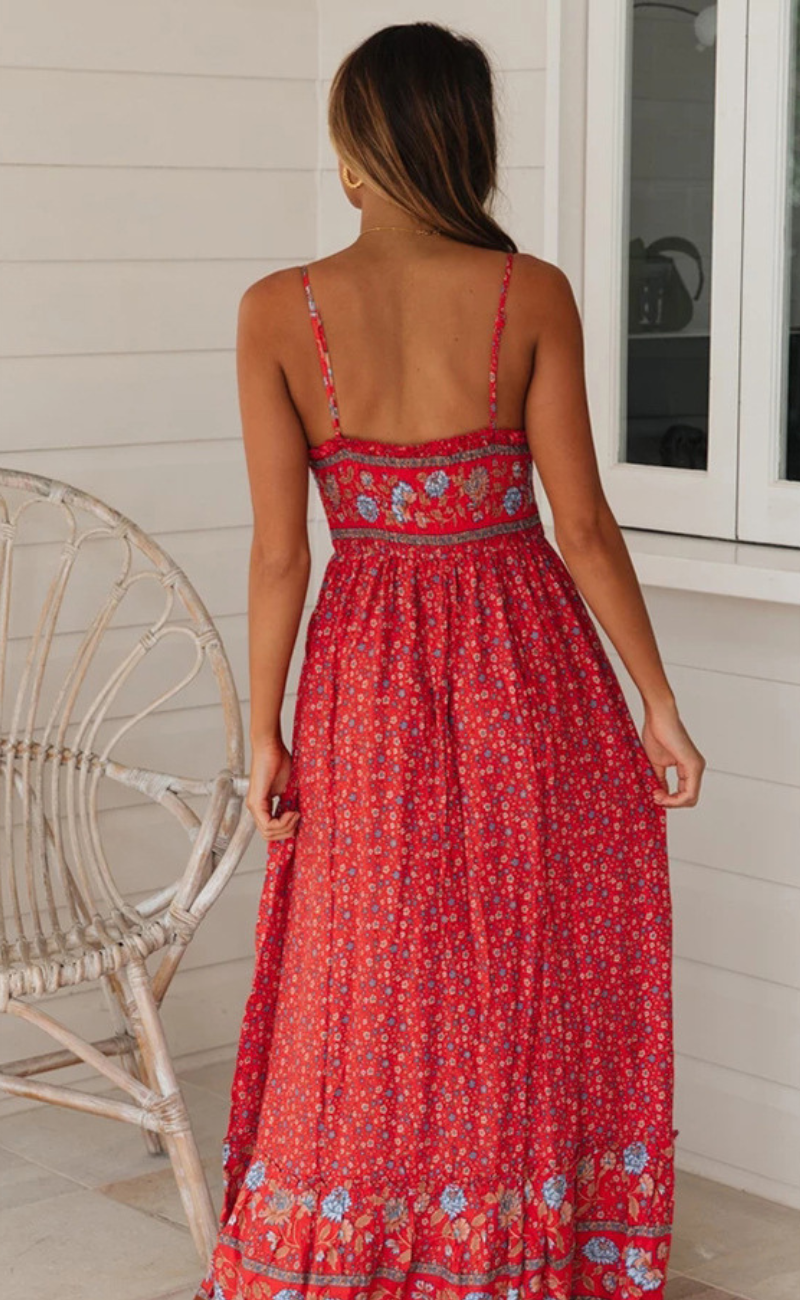 Floral Print Spaghetti Strap V-Neck Border Hem Tiered Maxi Dress - View 4