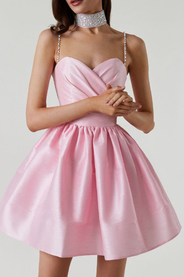 Rhinestone Spaghetti Strap Sweetheart Pleated Fit and Flare Mini Dress - View 8