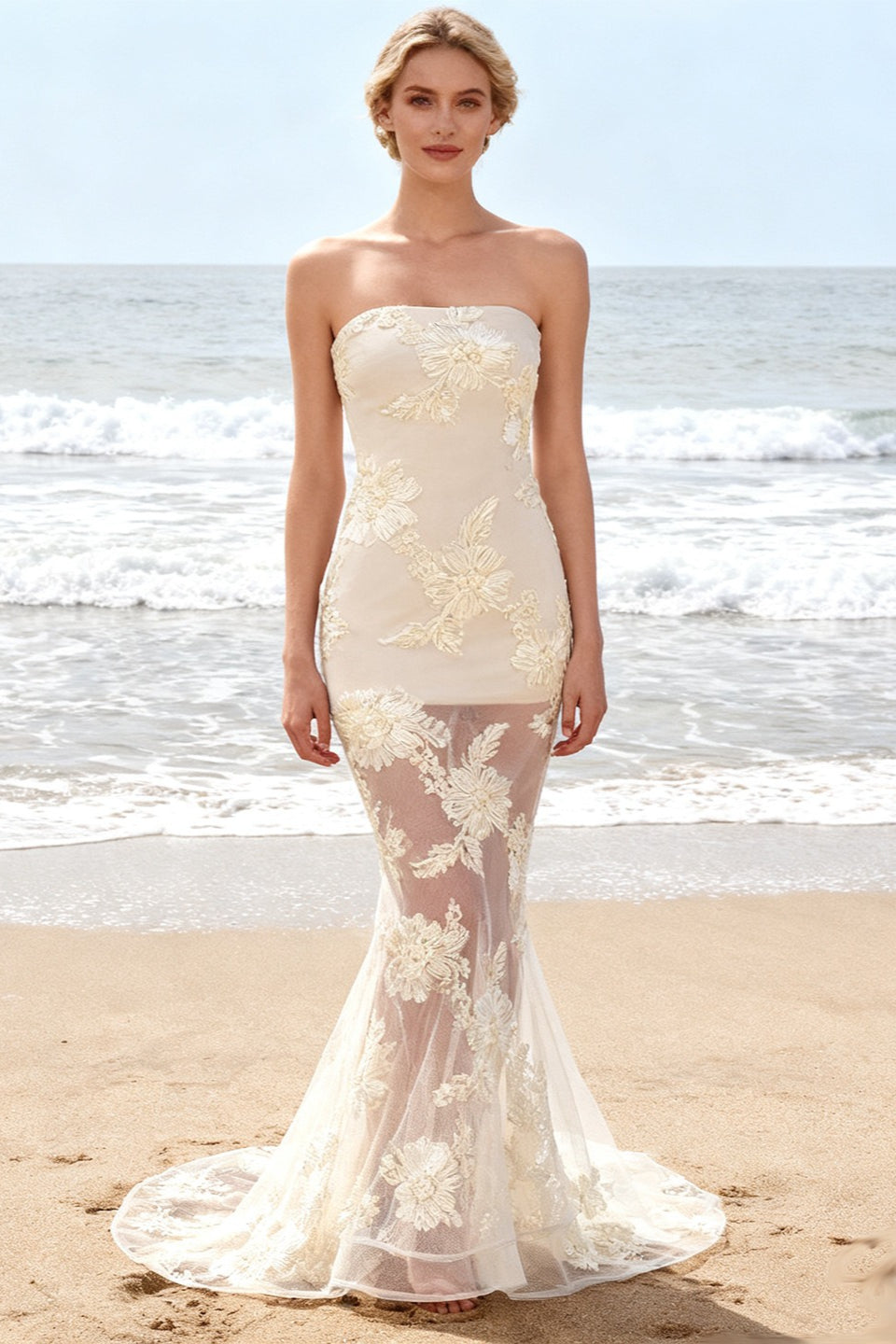 Strapless Floral Embroidered Mesh Mermaid Gown - View 2