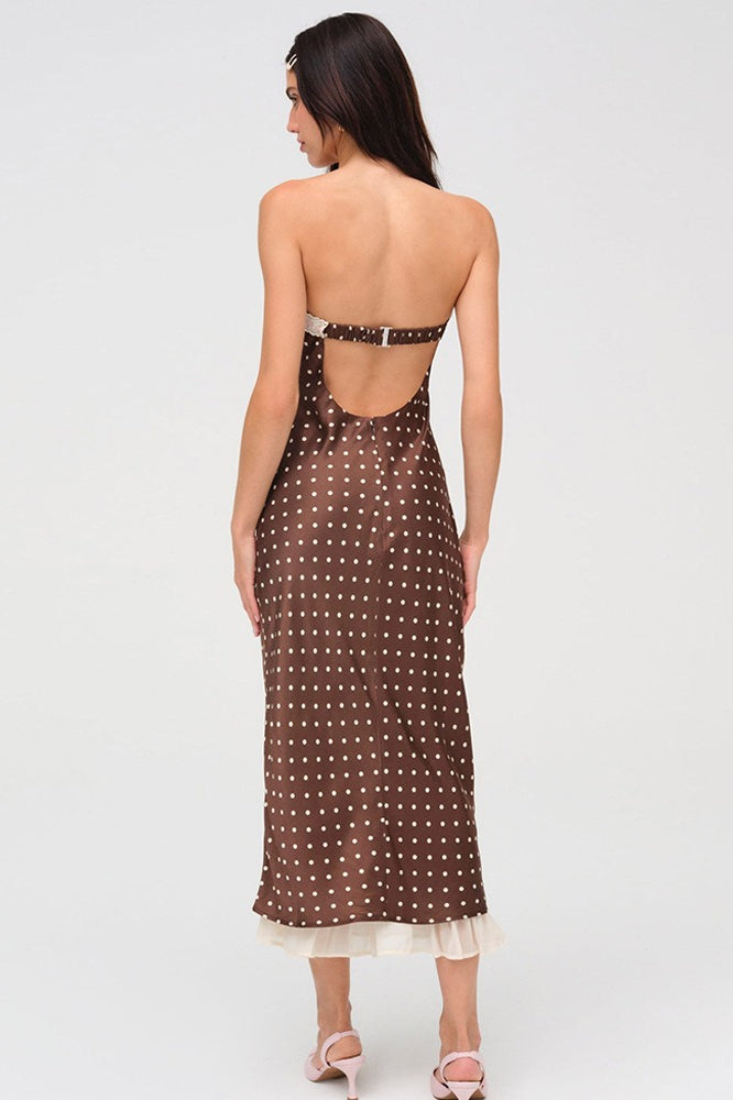 Satin Polka Dot Strapless Backless Maxi Dress in Brown - View 4