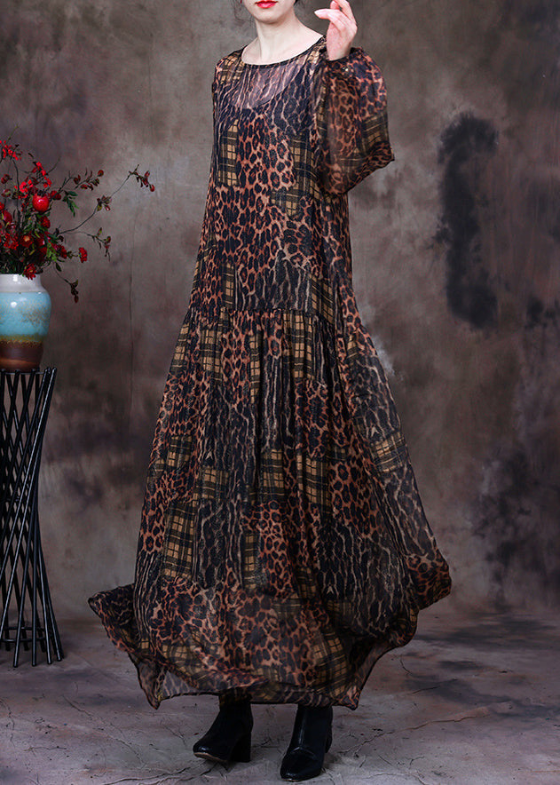 Sheer Leopard Plaid Patchwork Long Sleeve Balloon Sleeve Maxi Dress - View 3