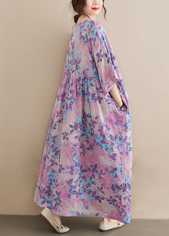 Botanical Print Round Neck Drop Shoulder Short Sleeve Maxi Dress - View 5