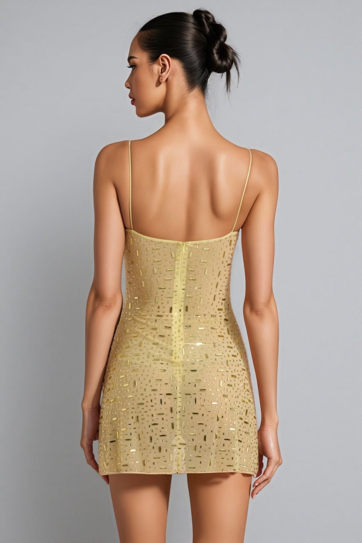 Sequin Square Neck Spaghetti Strap Mesh Bodycon Mini Dress - View 5