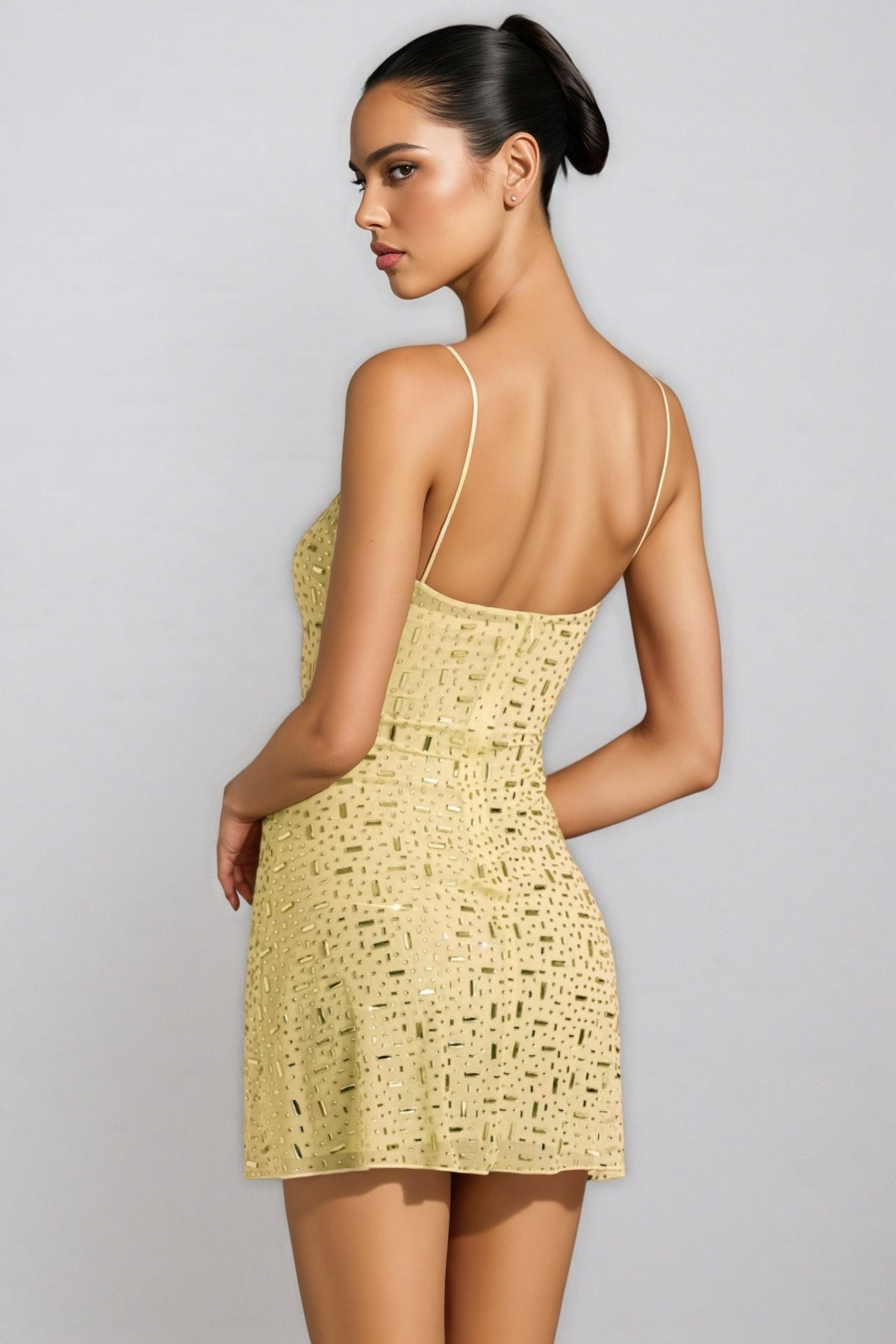 Sequin Square Neck Spaghetti Strap Mesh Bodycon Mini Dress - View 6