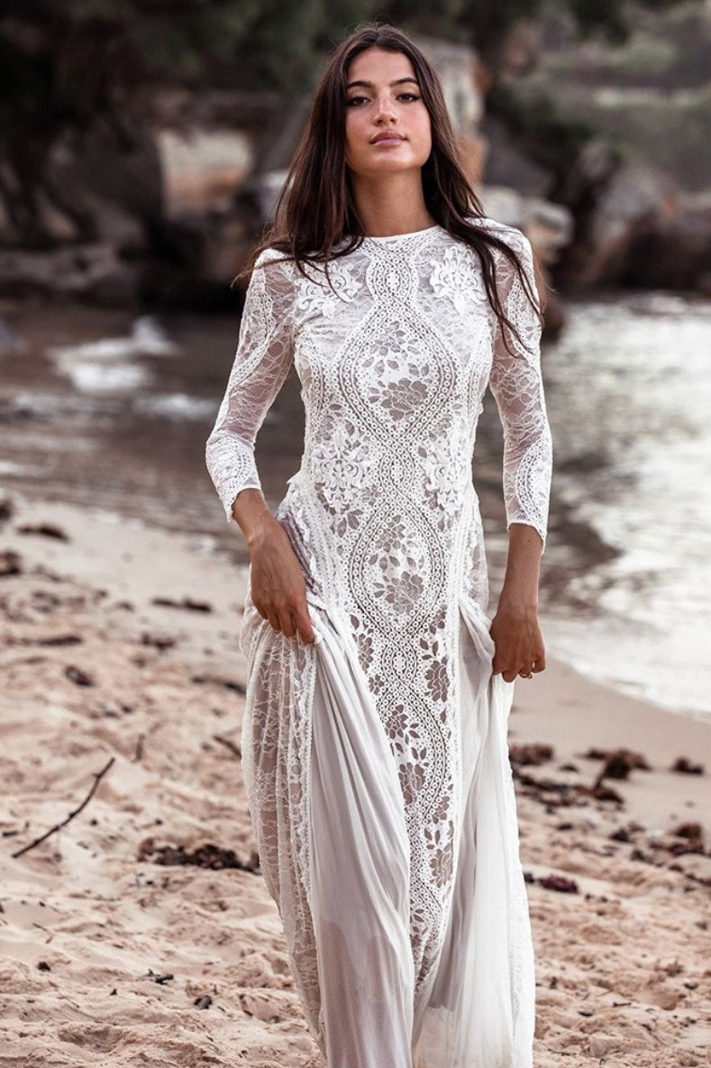 Round Neck Long Sleeve Lace High Split Maxi Dress 2