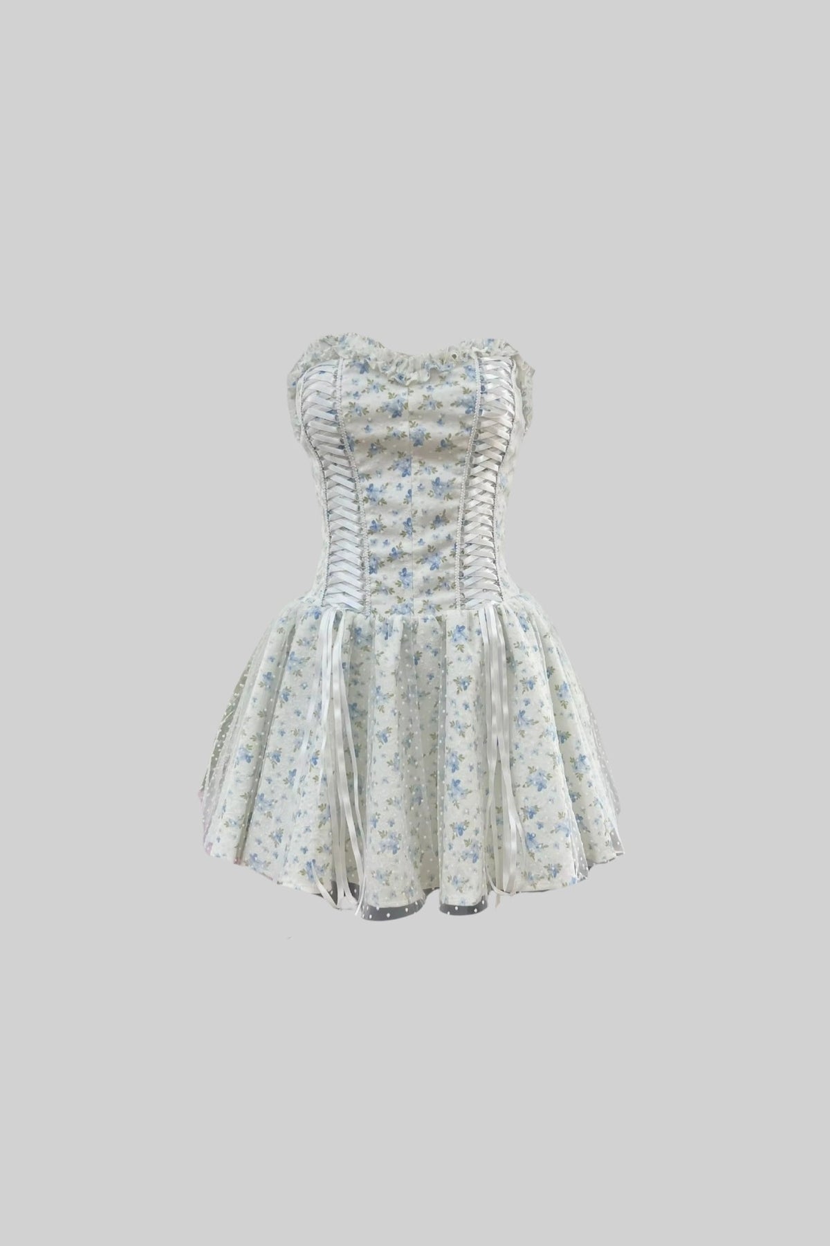 Corset Mini Dress With Sweetheart Neckline And Delicate Floral Pattern - White/Blue