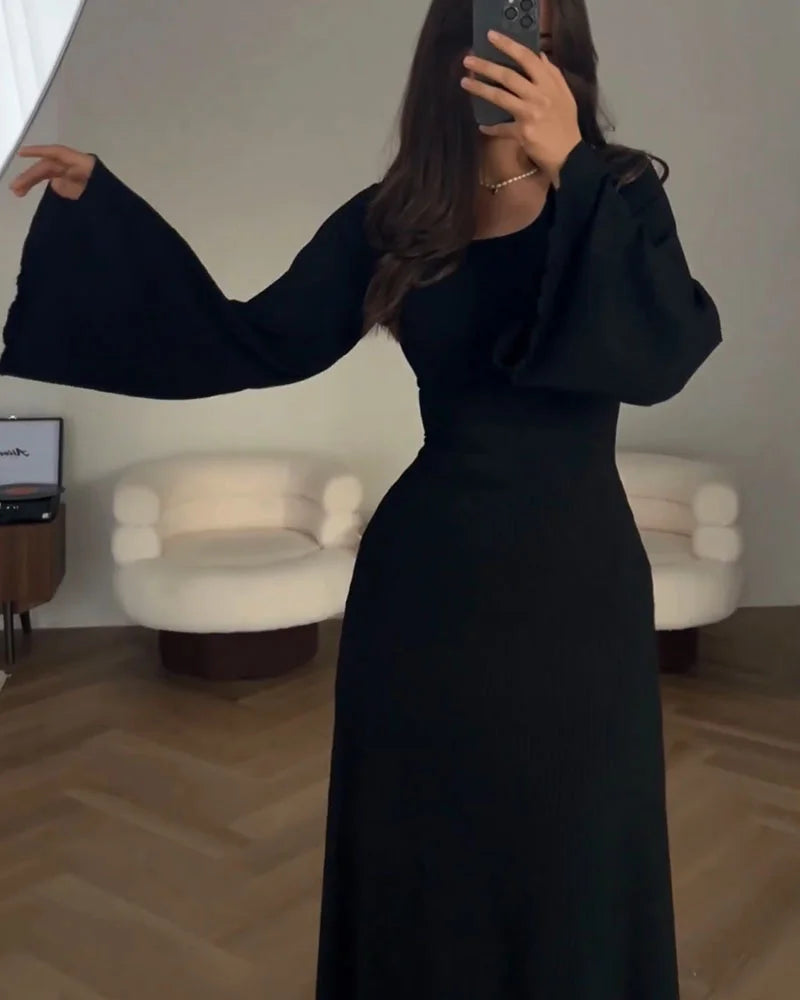 Scoop Neck Bell Sleeve Ribbed Knit Bodycon Maxi Dress - View 9