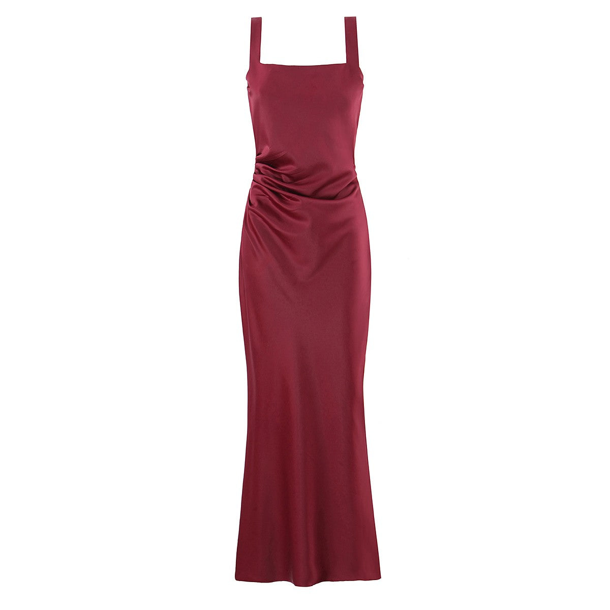 Satin Square Neck Ruched Bias Cut Slip Maxi Dress - View 9