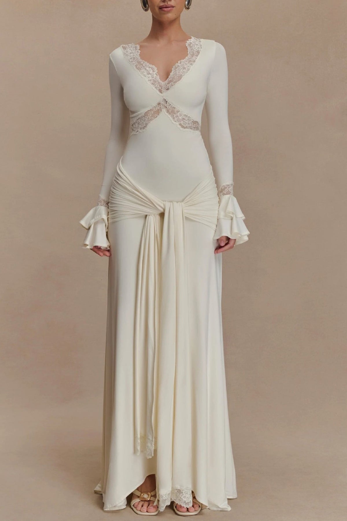 Lace Patchwork Flare Sleeve Tie up Maxi Dress - View 14