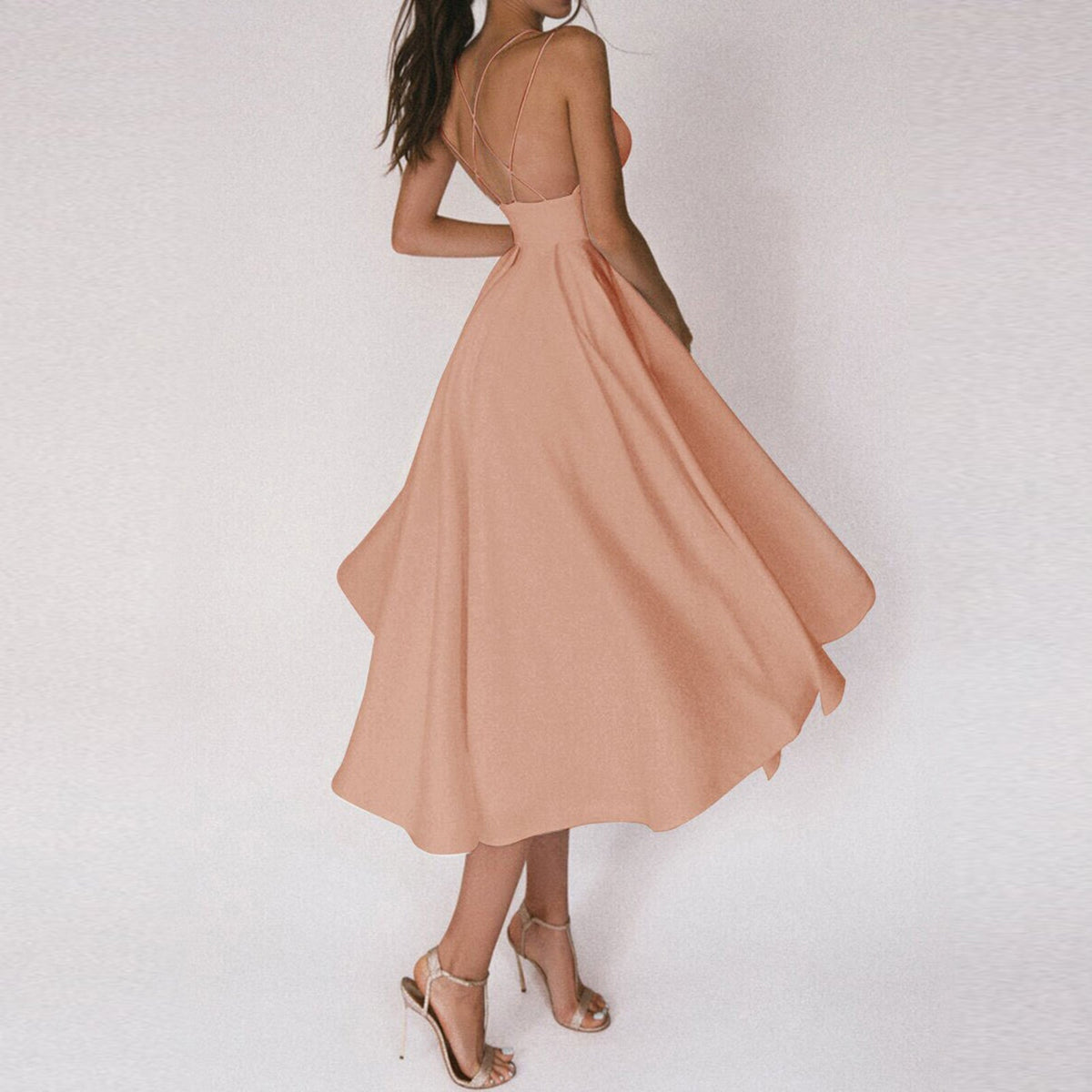 Cocktail Spaghetti Strap Cross Back Open Back A-Line Midi Dress