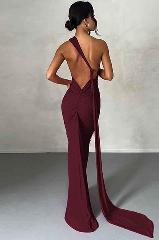 One Shoulder Ruched Open Back Trailing Sash Floor Length Gown - View 21