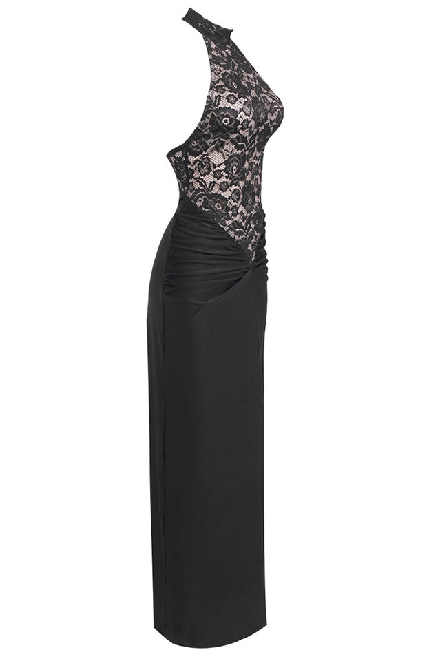 Lace Halter Neck Backless Ruched Mermaid Gown - View 5