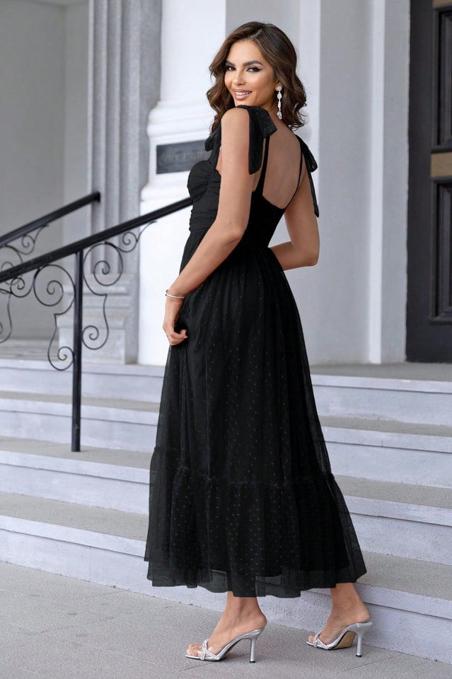 Tulle Swiss Dot Bustier Sweetheart Tie Shoulder Tiered Maxi Dress - View 14