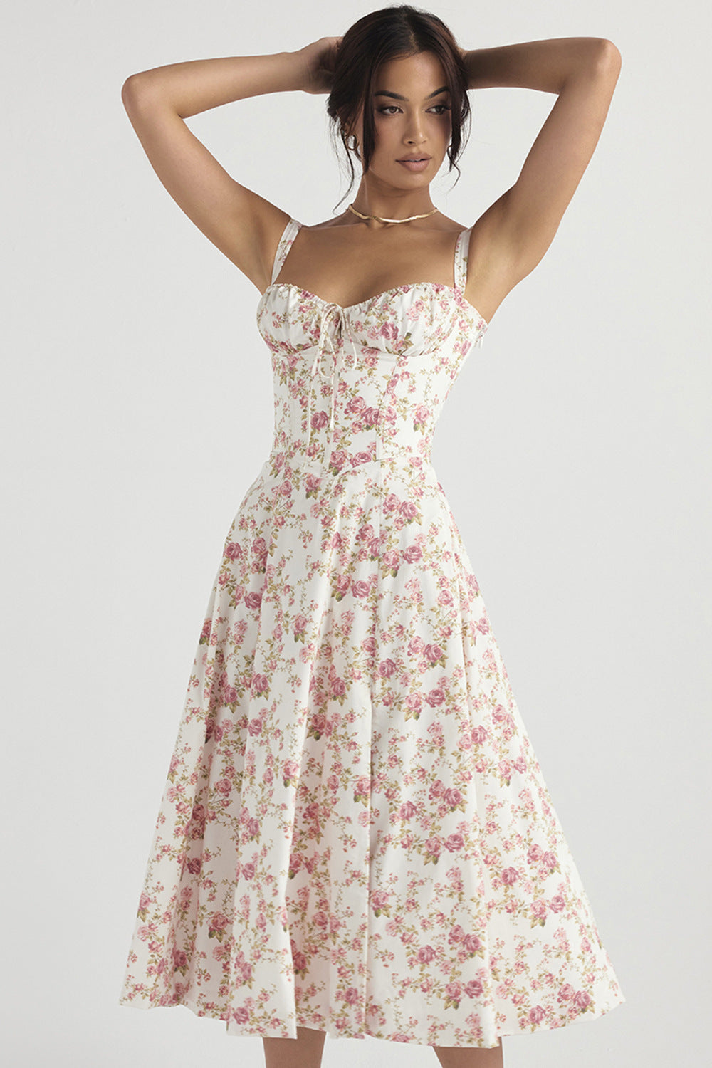 Floral Sweetheart Spaghetti Strap Corset Fit and Flare Midi Dress