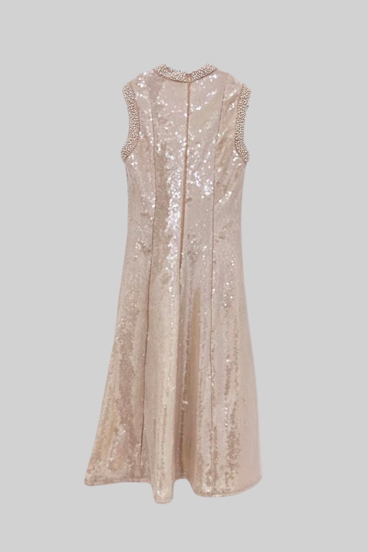 Sequin Sleeveless High Neck Pearl Trim Tea Length Midi Dress - View 14