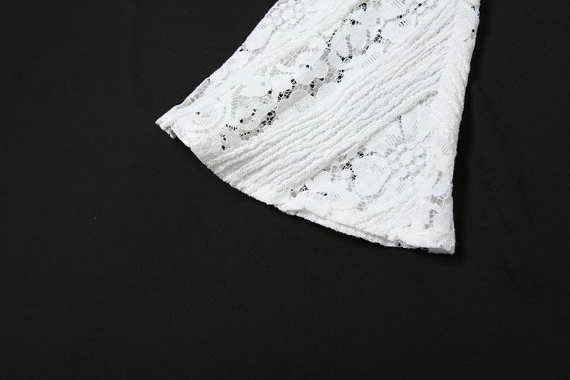 Off Shoulder Lace Bell Sleeve Ribbon Tie Bodycon Mini Dress - View 14