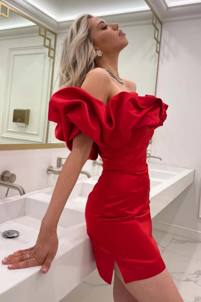 Off Shoulder Ruffle Peplum Corset Structured Satin Mini Dress - View 13