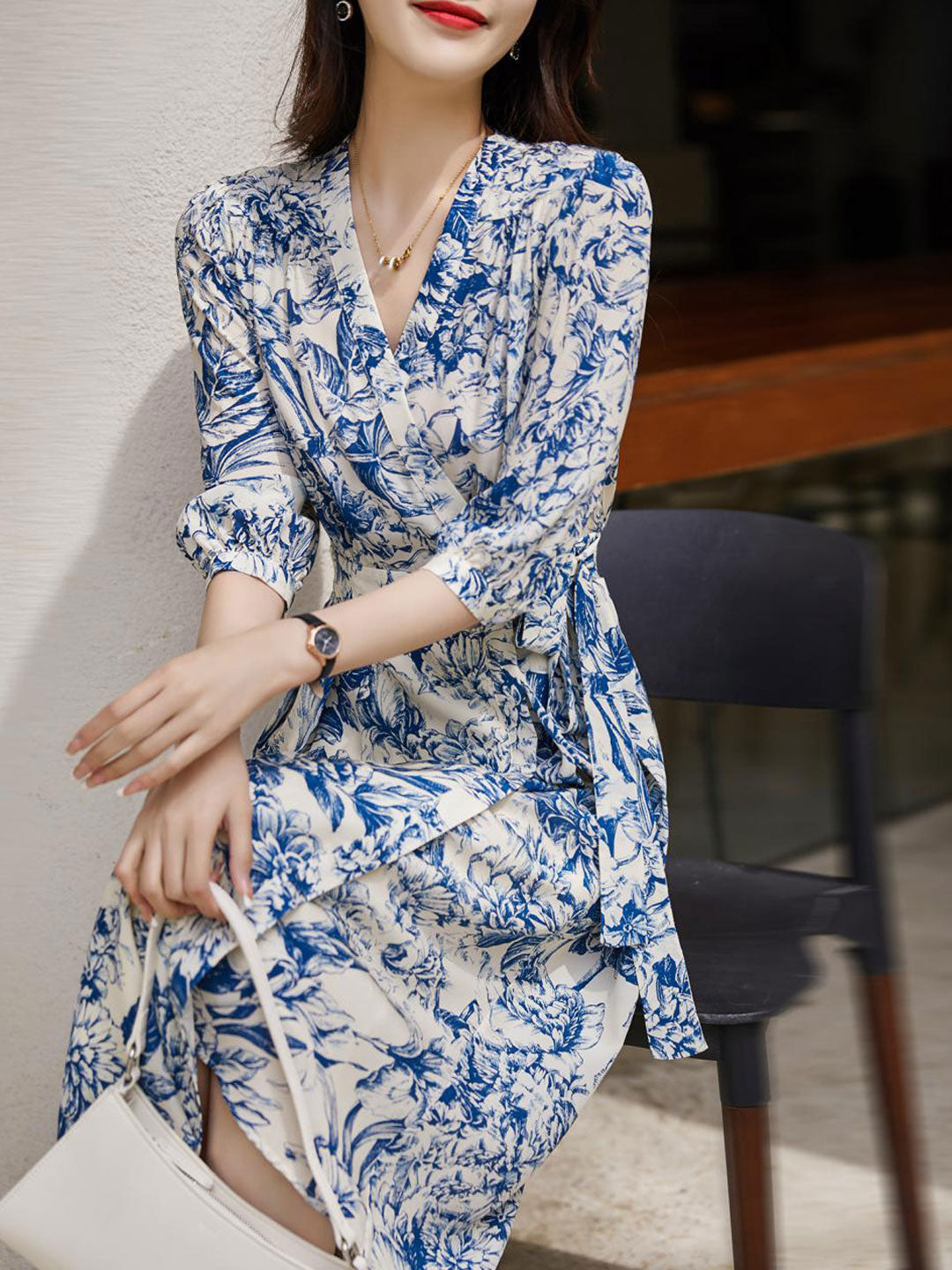 Toile Floral Print Wrap V-Neck Puff Sleeve Tie Waist A-Line Midi Dress - View 3