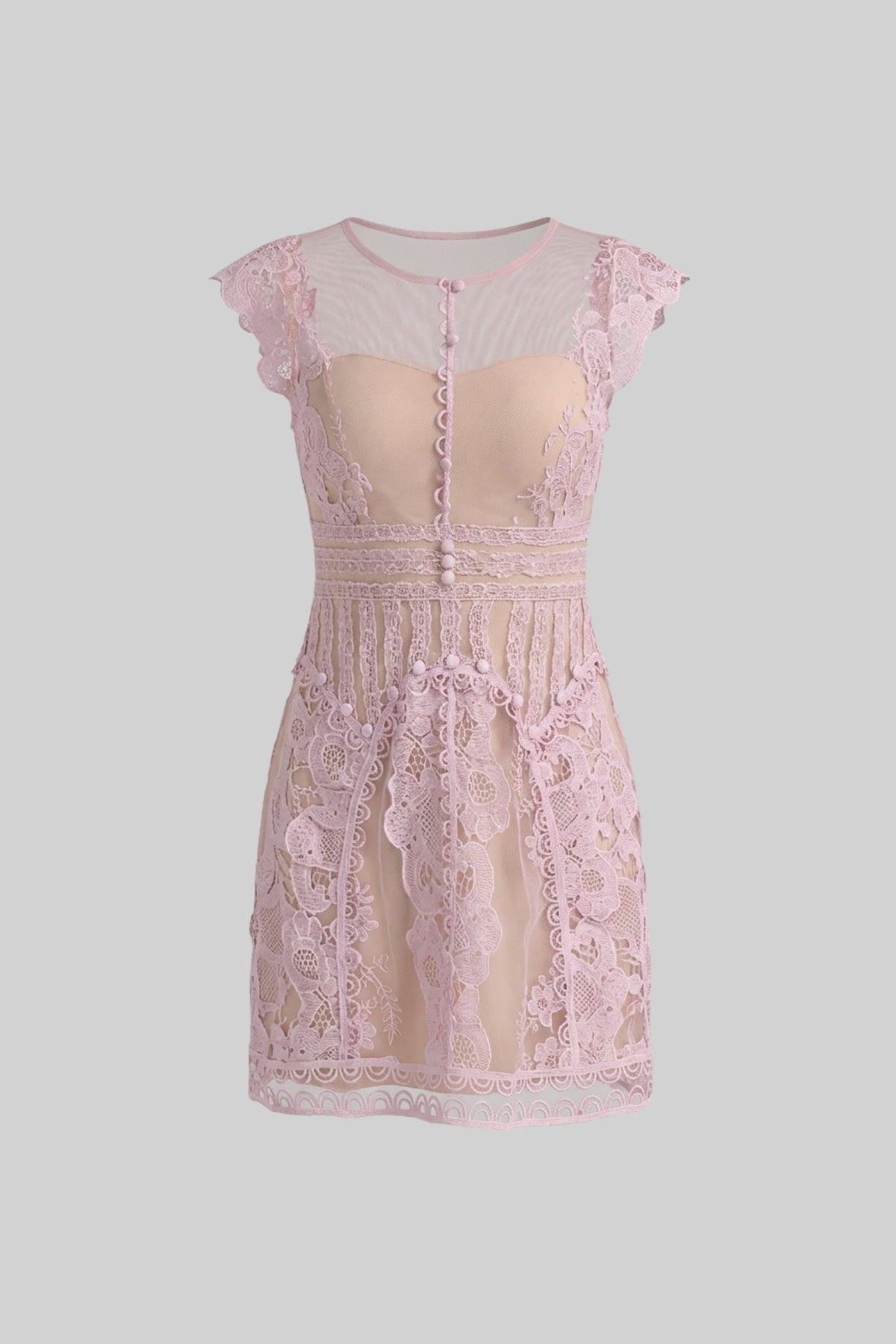 Lace Pearl Trim Sheer Mesh Yoke Cap Sleeve A-Line Mini Dress - View 2
