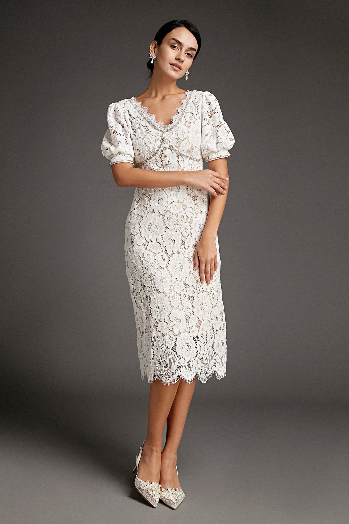 White Lace Overlay V-Neck Rhinestone Detail Midi Dress - View 5