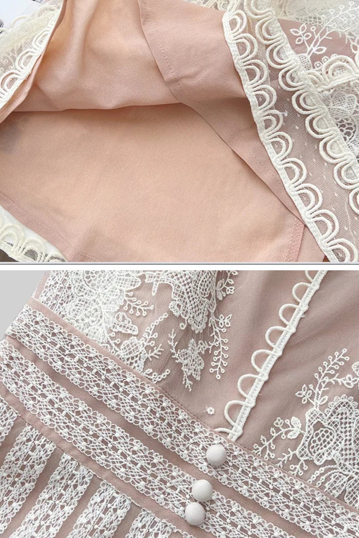 Lace Sheer Mesh Yoke Cap Sleeve Pearl Button A-Line Mini Dress - View 8