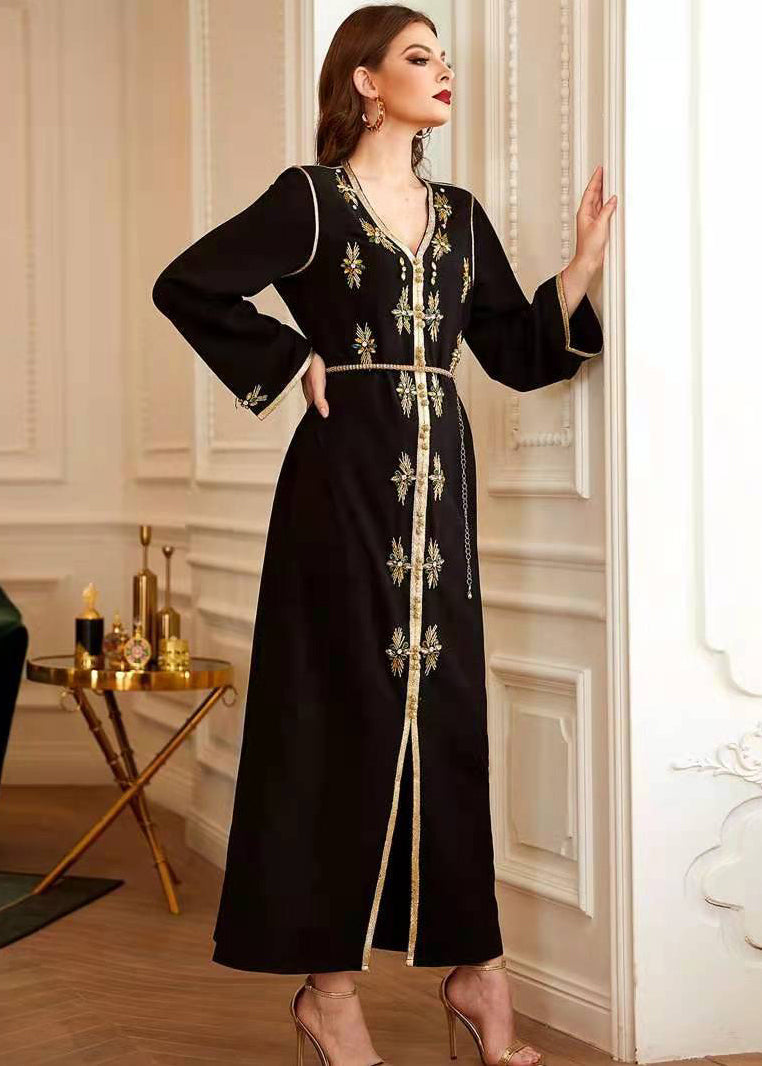 Metallic Embroidered Trim V-Neck Chain Belt Long Sleeve Maxi Gown - View 4