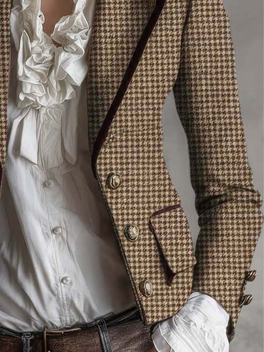 Houndstooth Tweed Velvet Trim Double Breasted Blazer 4