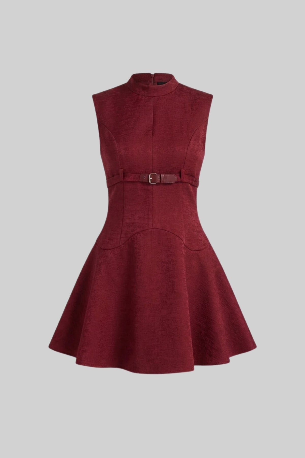 Structured Sleeveless Mock Neck Keyhole Belted A-Line Mini Dress - View 2