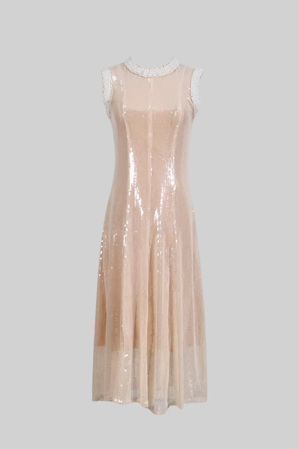 Sequin Sleeveless High Neck Pearl Trim Tea Length Midi Dress - View 2