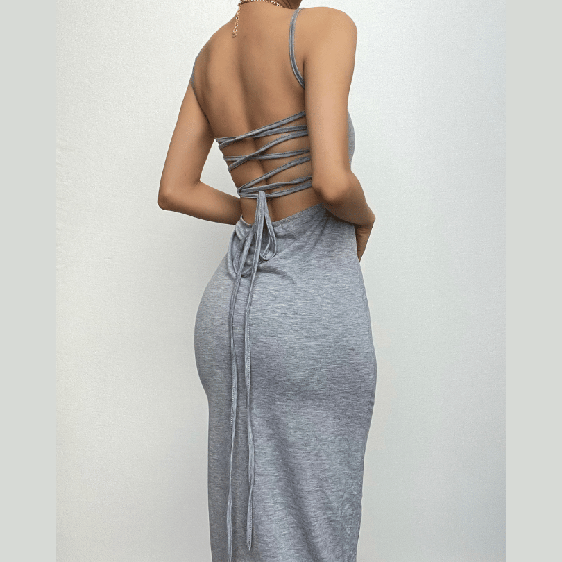Cross back lace up self tie backless solid square neck midi dress
