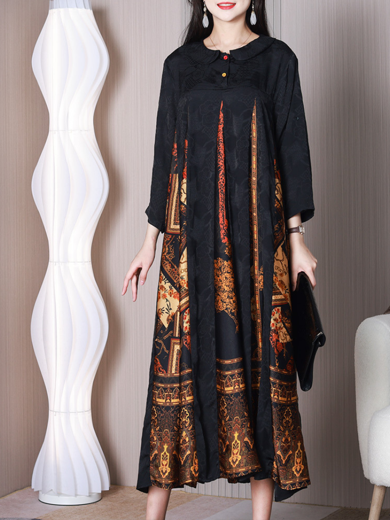 Jacquard Floral Peter Pan Collar Button Front A-Line Maxi Dress