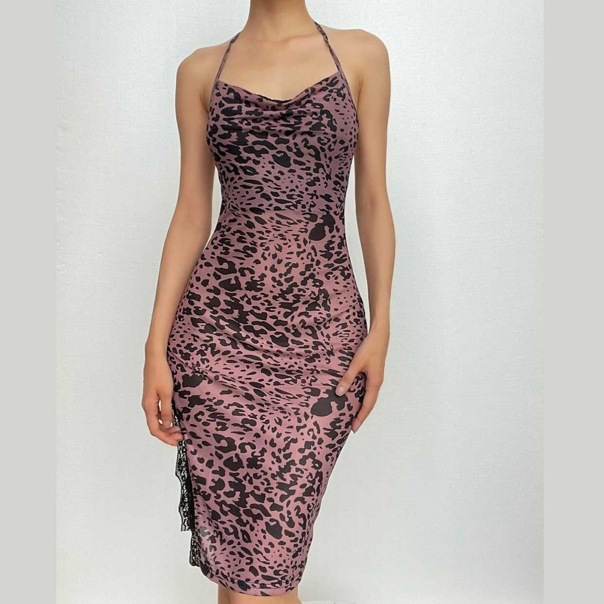 Leopard Print Cowl Neck Lace Trim Slit Bodycon Midi Dress