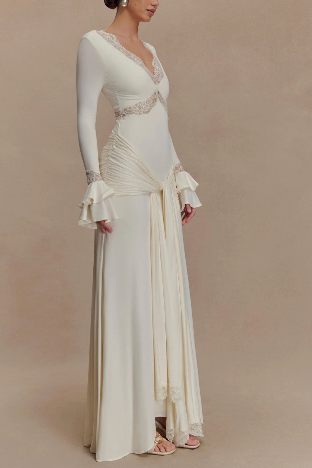 Lace Patchwork Flare Sleeve Tie-up Maxi Dress - View 15