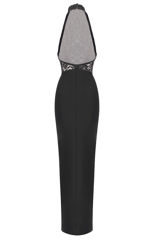 Lace Halter Neck Backless Ruched Mermaid Gown - View 6