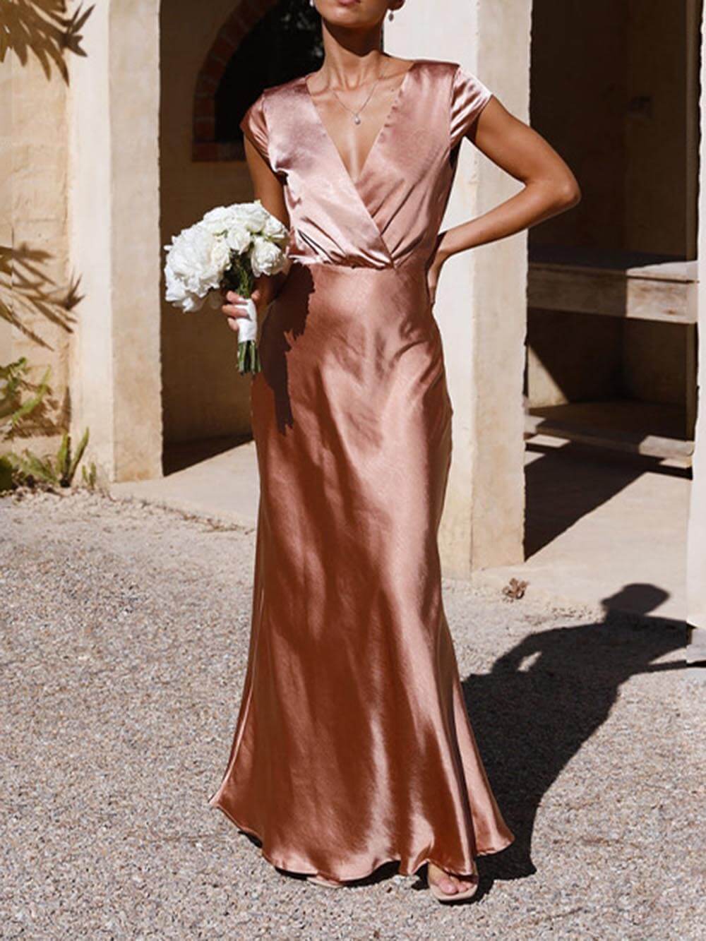 Satin Wrap V-Neck Cap Sleeve Mermaid Maxi Party Dress - View 2