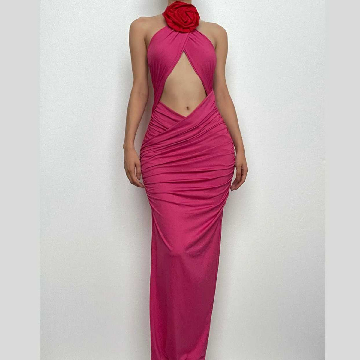 Halter Neck Flower Applique Cut Out Ruched Bodycon Maxi Dress