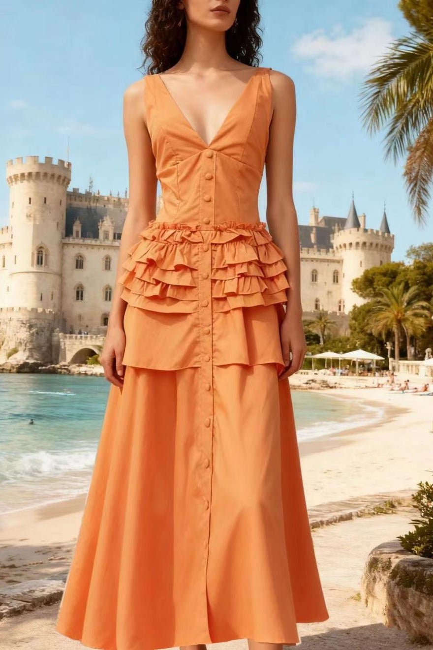 Deep V-Neck Sleeveless Corset Tiered Fit and Flare Midi Dress - View 18