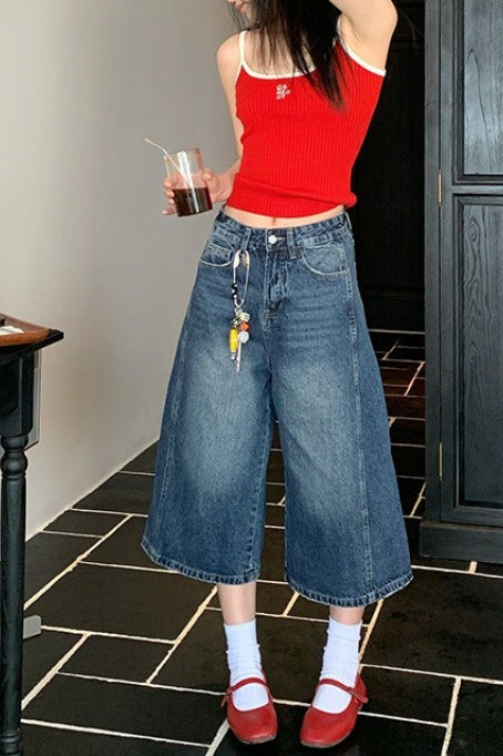 High-Waist Vintage Washed Wide-Leg Denim Jeans